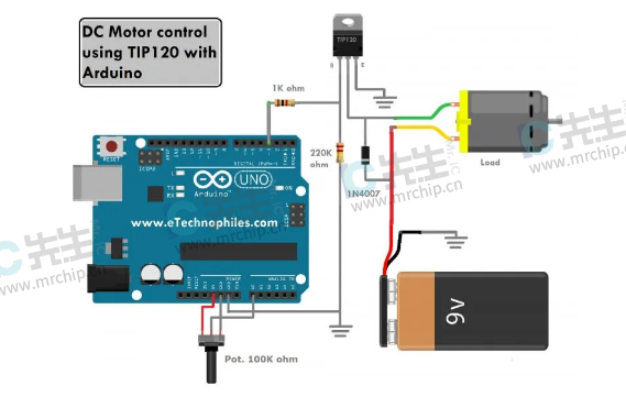 使用TIP120和Arduino的直流电机速度控制器电路