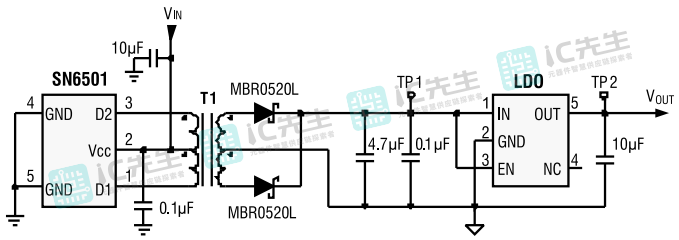 调节输出的测量电路（TP1和TP2）
